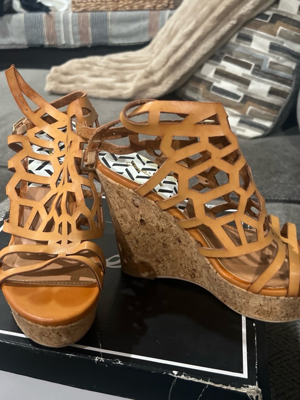 Qupid Tan Cutout Cork Wedge Sandals
